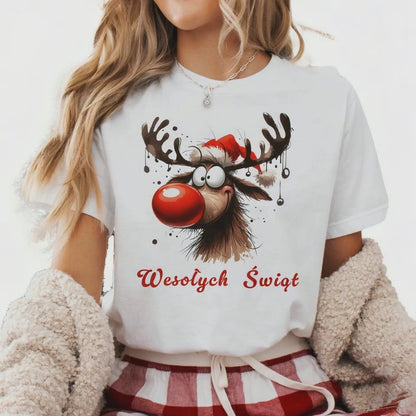 Prezent Mikołajki Świeta – Koszulka z Reniferem "Wesołych Świąt"