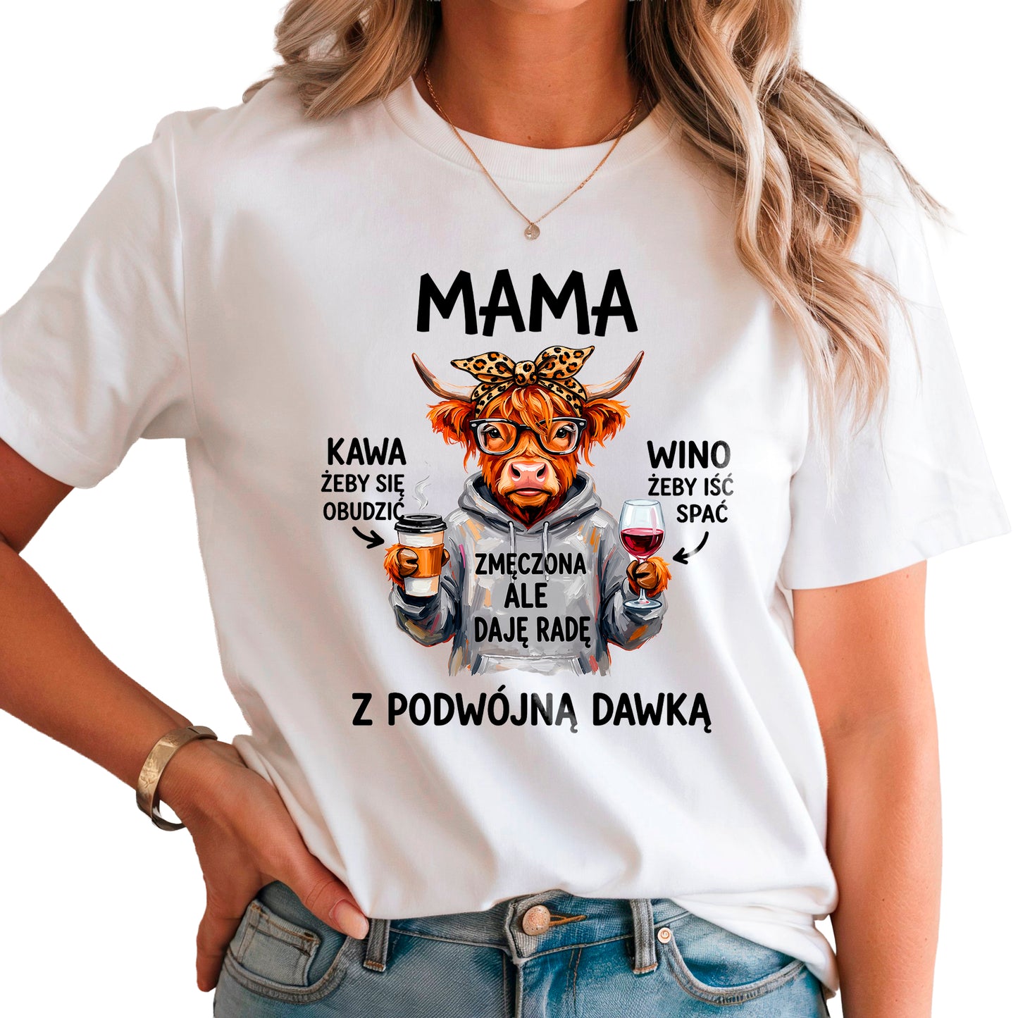Śmieszna koszulka dla mamy – kawa i wino, prezent na Dzień Matki
