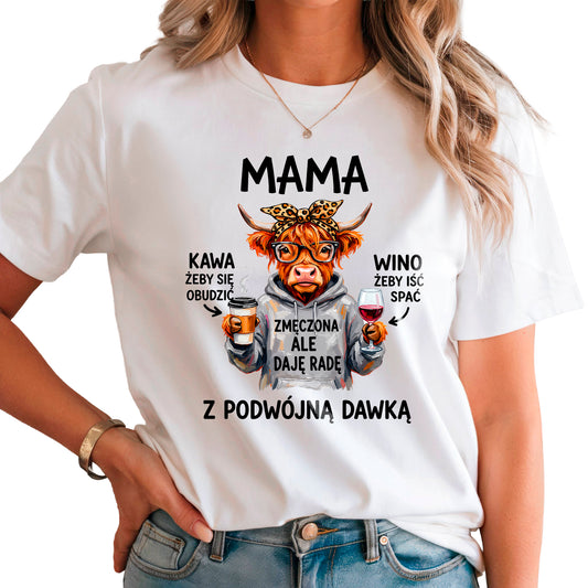 Śmieszna koszulka dla mamy – kawa i wino, prezent na Dzień Matki